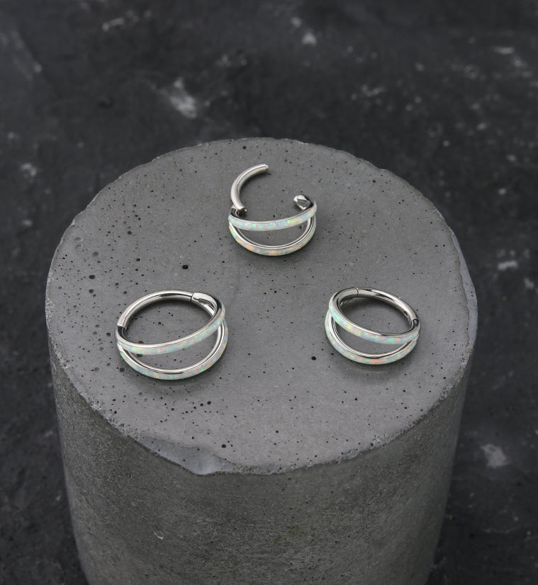 Double Bar White Opalite Titanium Hinged Segment Ring