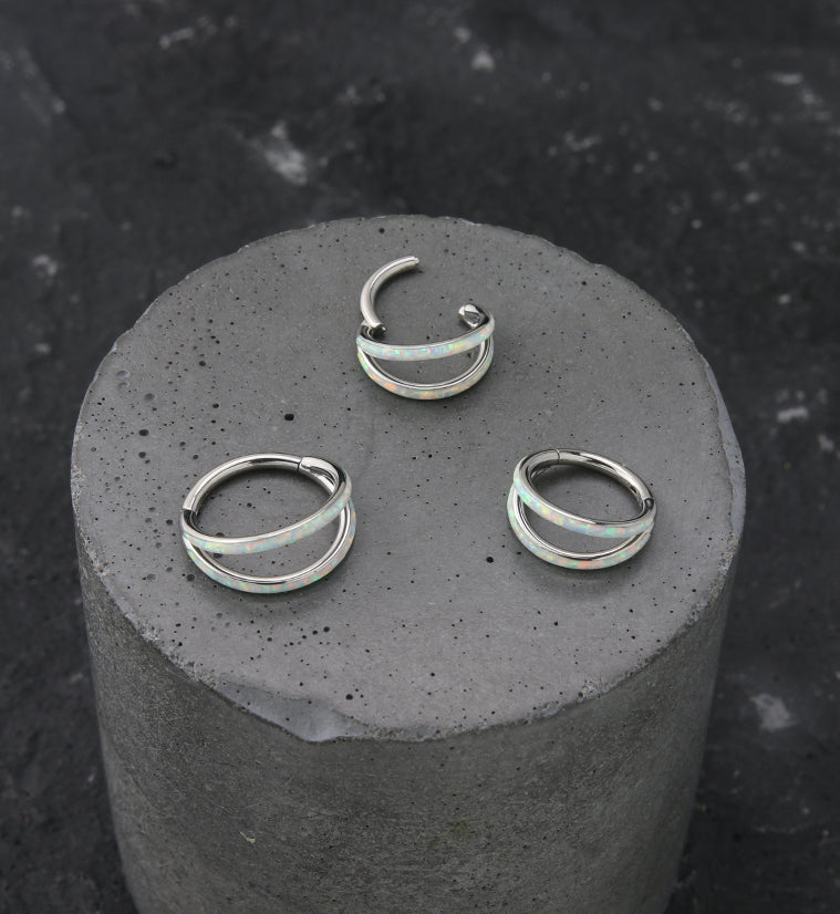 Double Bar White Opalite Titanium Hinged Segment Ring