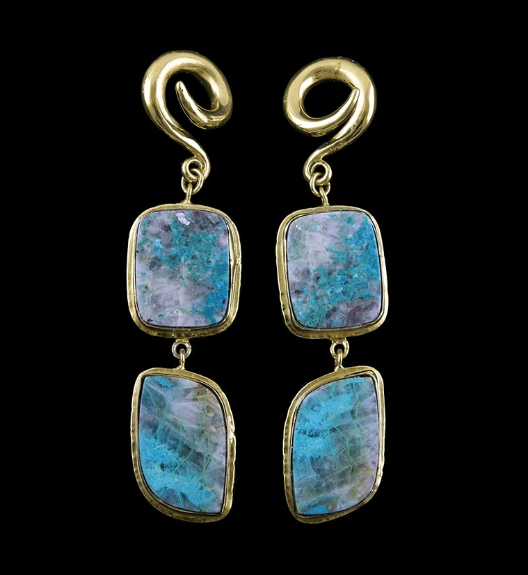 Double Chrysocolla Stone Brass Ear Weights