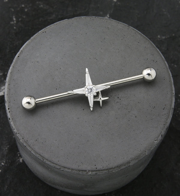 Double Compass Star Clear CZ Industrial Barbell