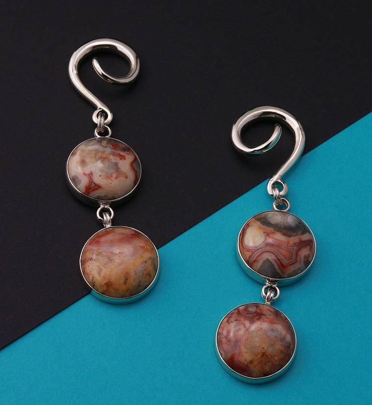 Double Crazy Lace Agate Stone Hanging Silver Brass Ear Weights