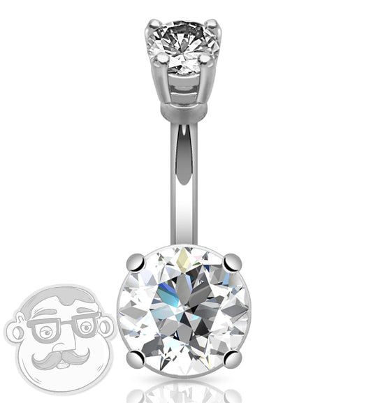 Double Clear CZ Gem Pronged Belly Button Navel Ring 14 Gauge