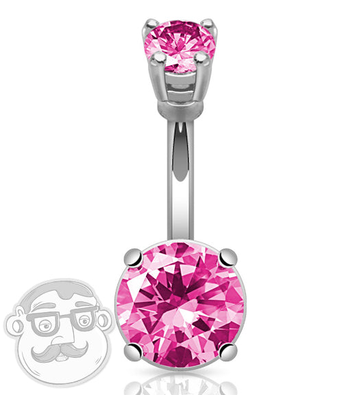 Double Pink CZ Gem Pronged Belly Button Navel Ring 14 Gauge