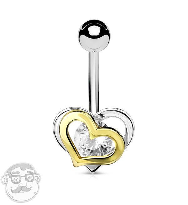 Double Heart CZ Belly Button Ring