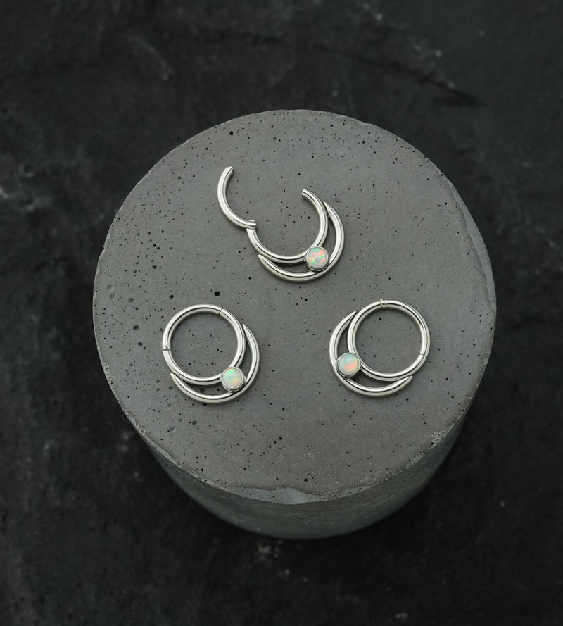 Double Hoop Bezel White Opalite Stainless Steel Hinged Segment Ring