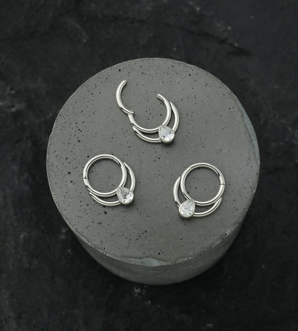 Double Hoop Teardrop Clear CZ Stainless Steel Hinged Segment Ring