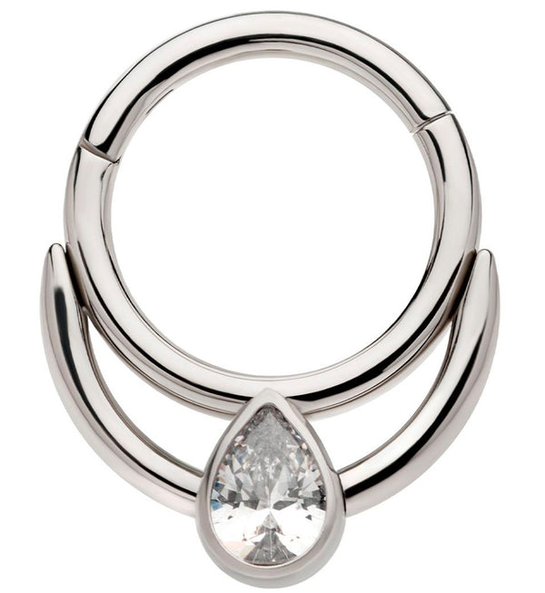 Double Hoop Teardrop Clear CZ Stainless Steel Hinged Segment Ring