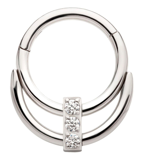Double Hoop Triple Clear CZ Bar Stainless Steel Hinged Segment Ring