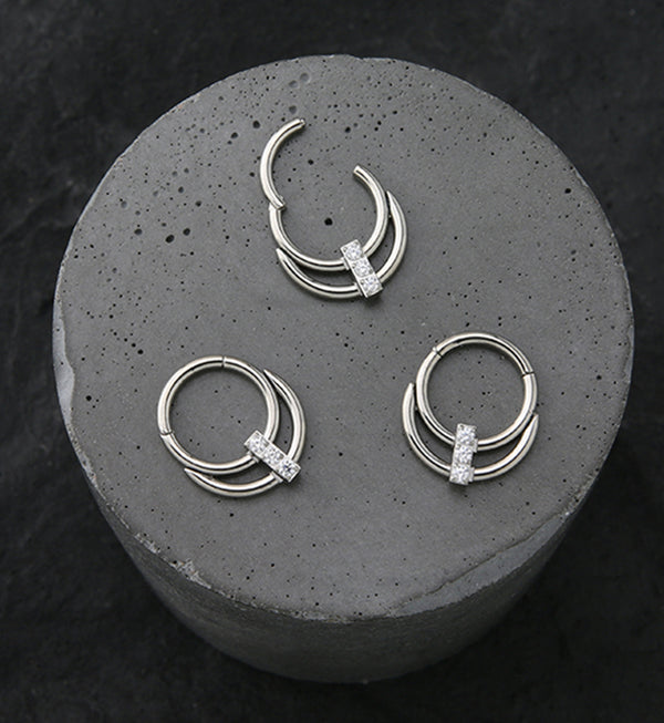 Double Hoop Triple CZ Line Titanium Hinged Segment Ring