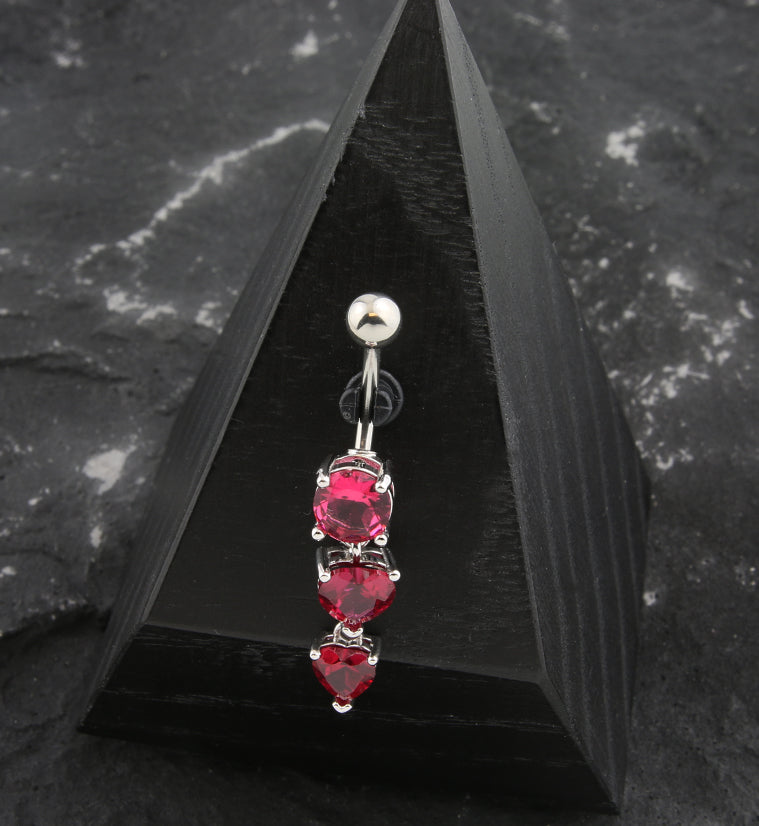 Double Pink Heart CZ Dangle Stainless Steel Belly Button Ring