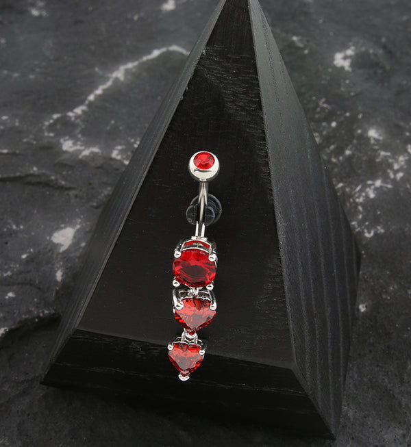 Double Red Heart CZ Dangle Stainless Steel Belly Button Ring