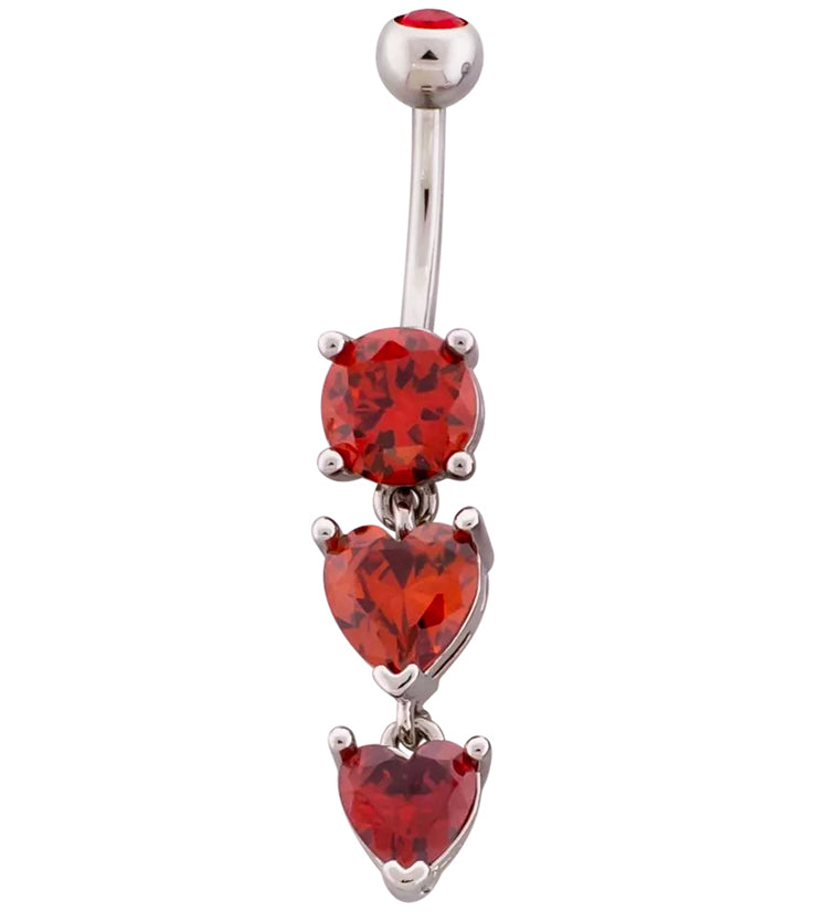 Double Red Heart CZ Dangle Stainless Steel Belly Button Ring