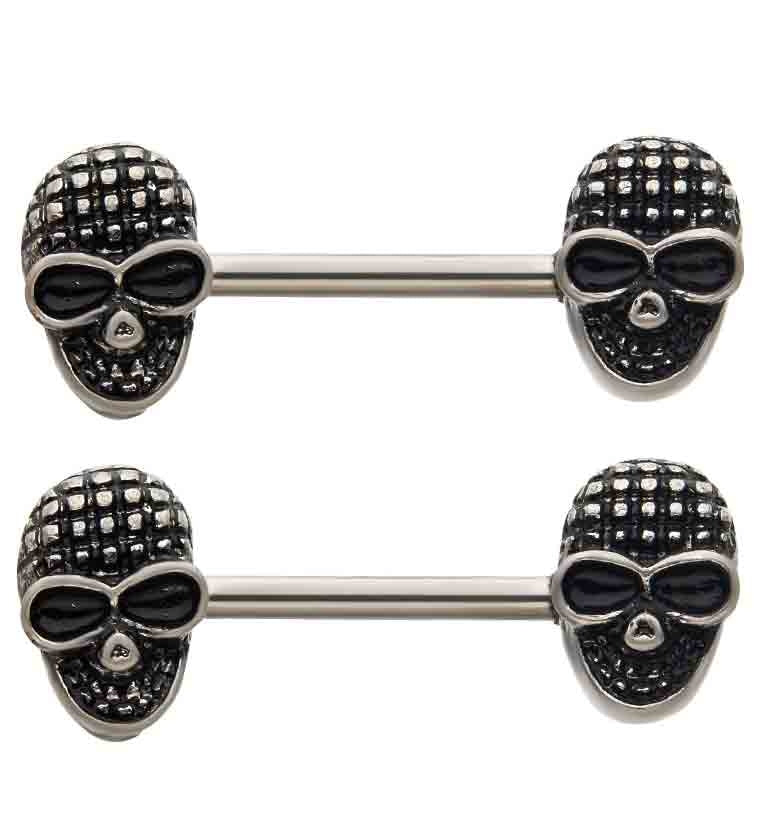 14G Double Skull Nipple Ring Barbell