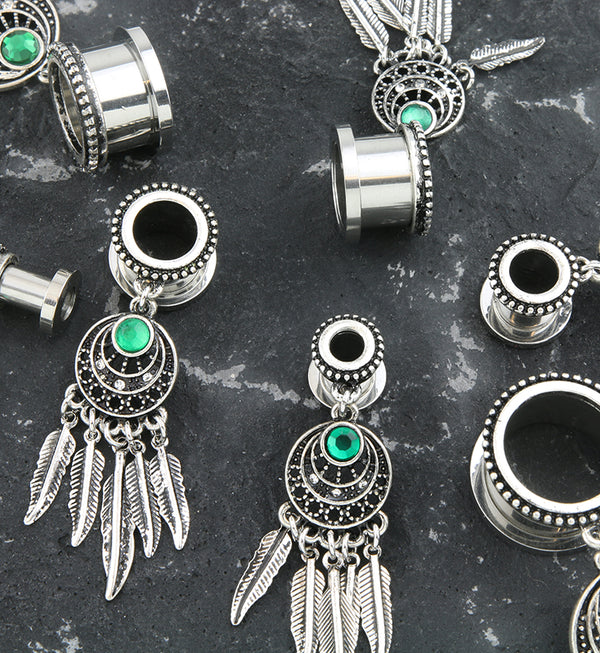 Dream Catcher Green CZ Stainless Steel Tunnel Plugs
