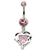 Dripping Heart Dangle Pink CZ Stainless Steel Belly Button Ring