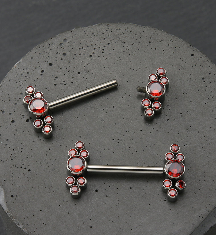 Dual Array Red CZ Titanium Internally Threaded Nipple Ring Barbell