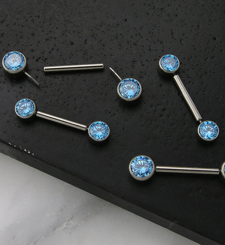 Dual Bezel Aqua CZ Titanium Threadless Nipple Ring Barbell