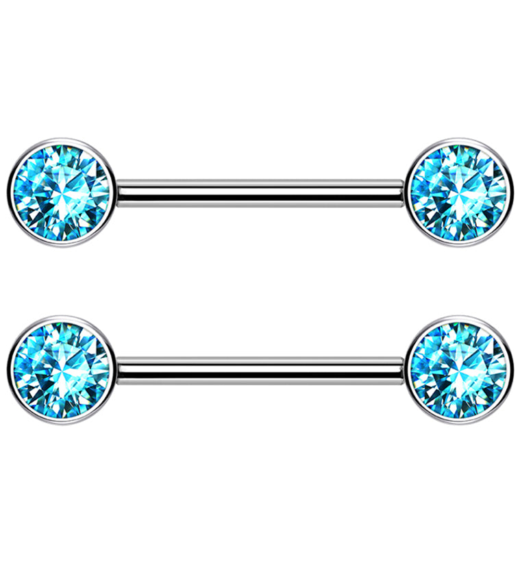 Dual Bezel Aqua CZ Titanium Threadless Nipple Ring Barbell