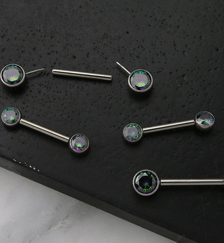 Dual Bezel Black Aurora CZ Titanium Threadless Nipple Ring Barbell