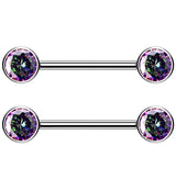 Dual Bezel Black Aurora CZ Titanium Threadless Nipple Ring Barbell