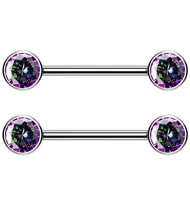 Dual Bezel Black Aurora CZ Titanium Threadless Nipple Ring Barbell