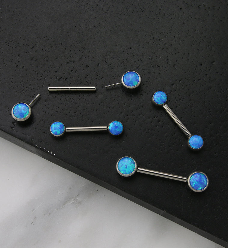 Dual Bezel Blue Opalite Titanium Threadless Nipple Ring Barbell