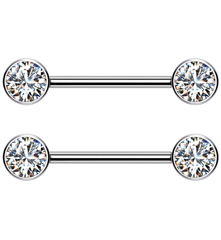 Dual Bezel CZ Titanium Threadless Nipple Ring Barbell