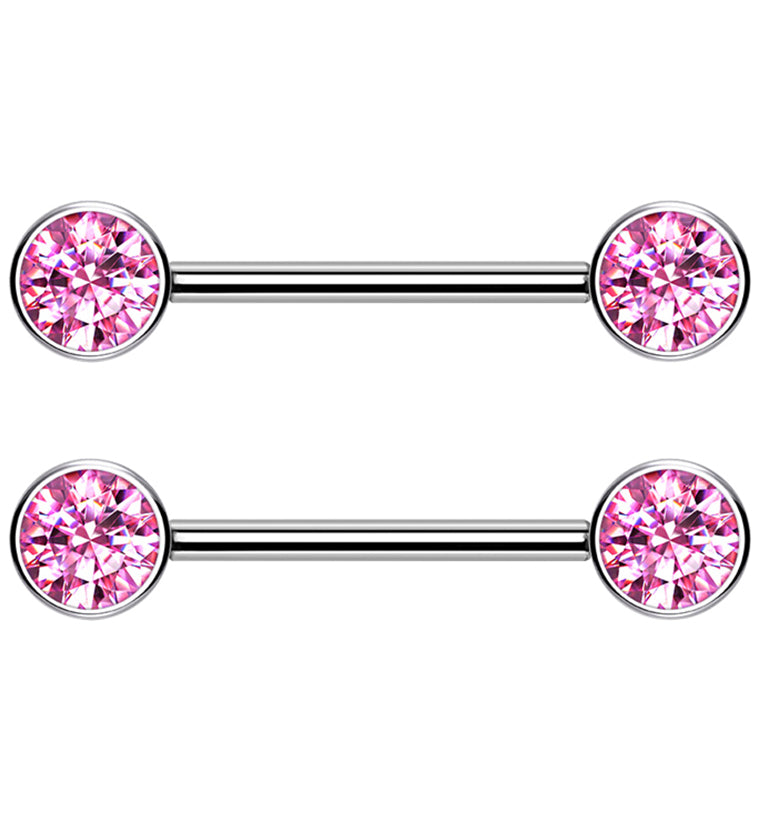 Dual Bezel Pink CZ Titanium Threadless Nipple Ring Barbell