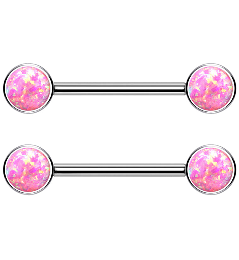 Dual Bezel Pink Opalite Titanium Threadless Nipple Ring Barbell