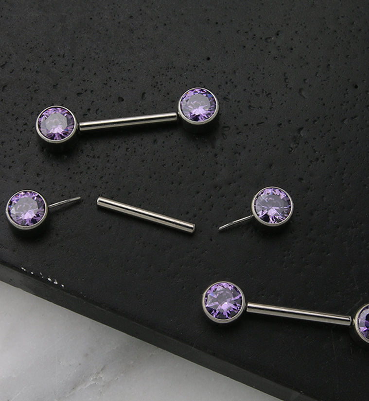 Dual Bezel Purple CZ Titanium Threadless Nipple Ring Barbell