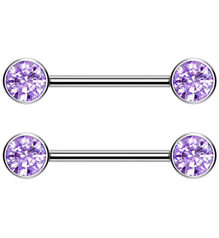 Dual Bezel Purple CZ Titanium Threadless Nipple Ring Barbell