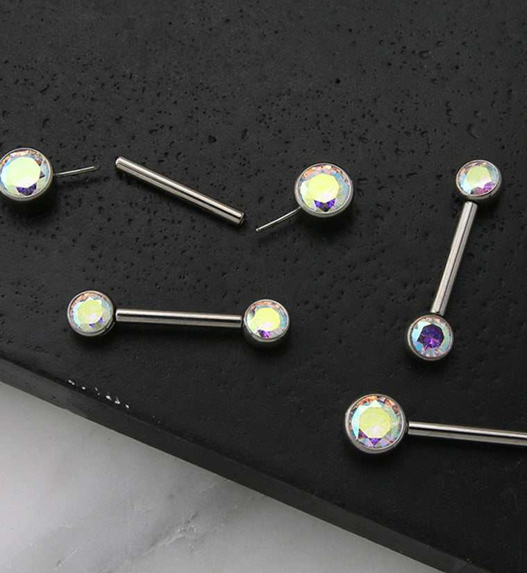 Dual Bezel Rainbow Aurora CZ Titanium Threadless Nipple Ring Barbell