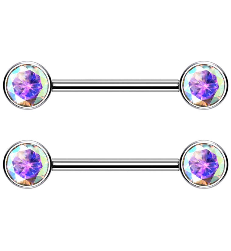 Dual Bezel Rainbow Aurora CZ Titanium Threadless Nipple Ring Barbell