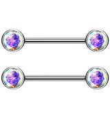 Dual Bezel Rainbow Aurora CZ Titanium Threadless Nipple Ring Barbell