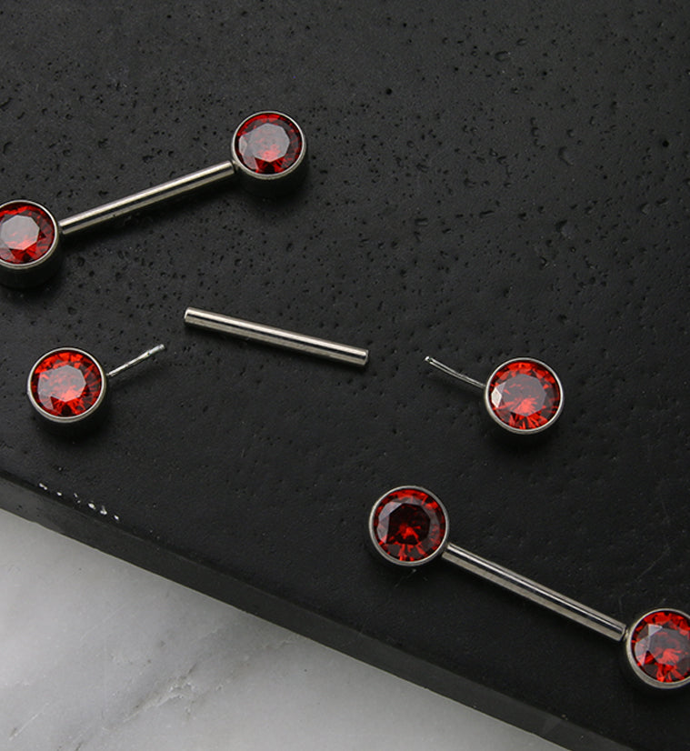 Dual Bezel Red CZ Titanium Threadless Nipple Ring Barbell