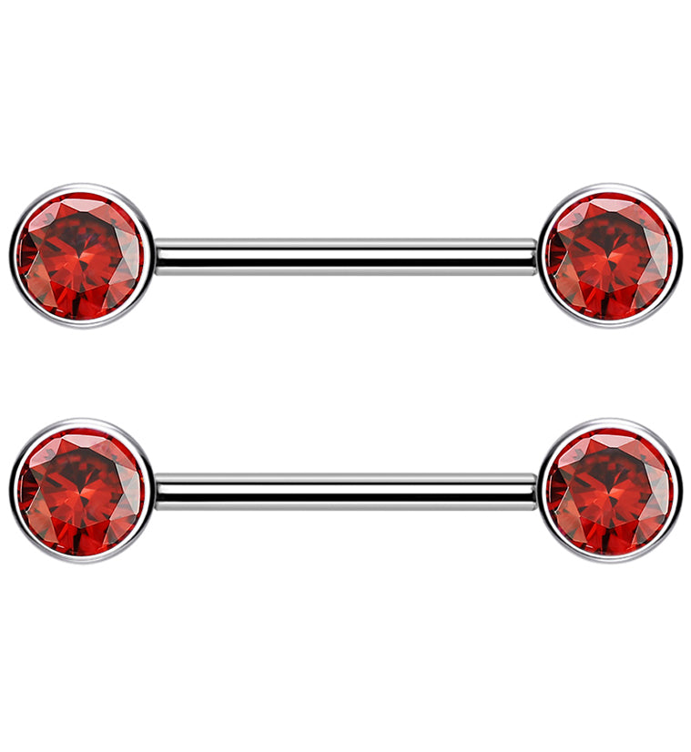Dual Bezel Red CZ Titanium Threadless Nipple Ring Barbell