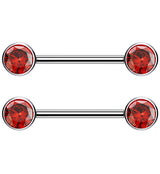 Dual Bezel Red CZ Titanium Threadless Nipple Ring Barbell