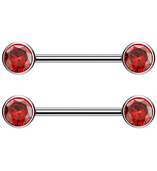 Dual Bezel Red CZ Titanium Threadless Nipple Ring Barbell