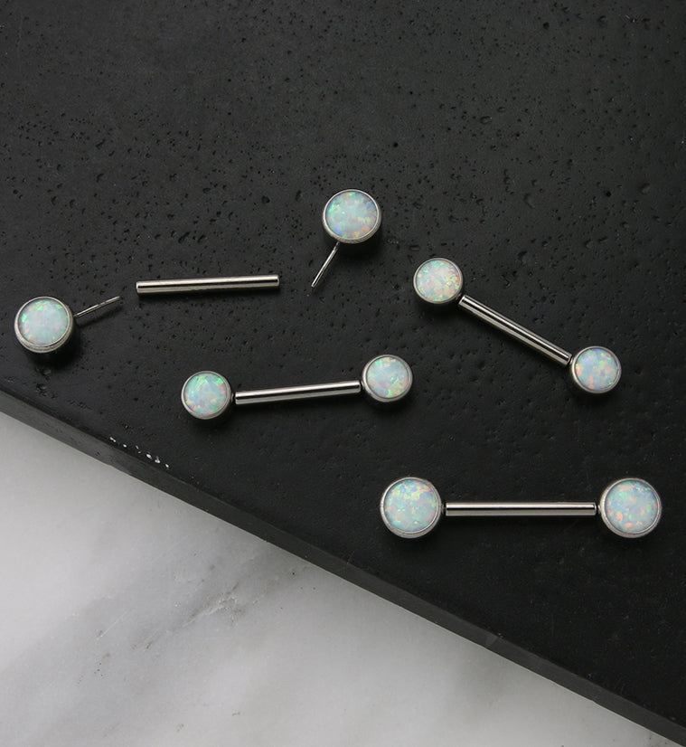 Dual Bezel White Opalite Titanium Threadless Nipple Ring Barbell