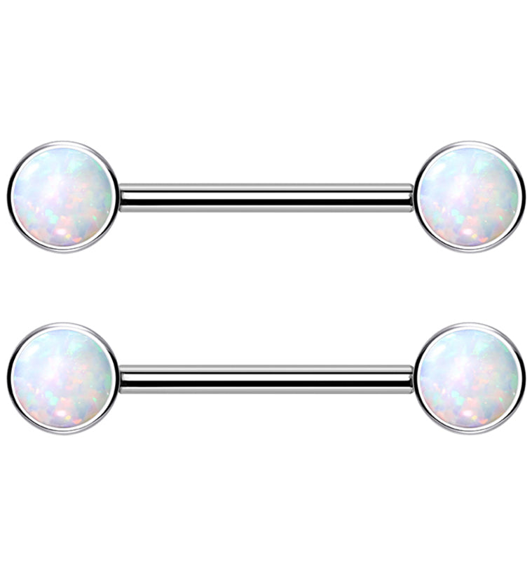 Dual Bezel White Opalite Titanium Threadless Nipple Ring Barbell