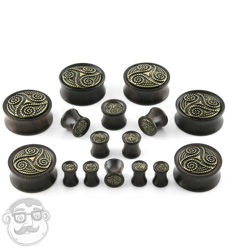 PAR OF EBONY WOOD PLUGS CARVED FLOWER NLAY BRASS PLUGS GAUGES PLUG