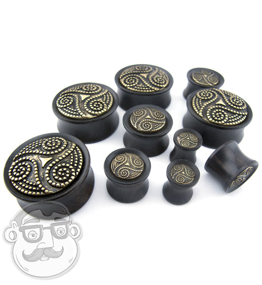 Ebony Wood Plugs With Brass Beaded Swirl Inlay