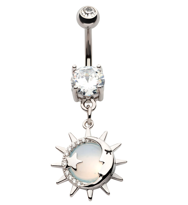 Eclipse White Opalite Dangle Stainless Steel Belly Button Ring