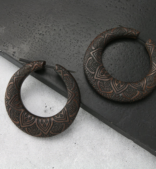 Engraved Flower Narra Wood Hoop Earrings
