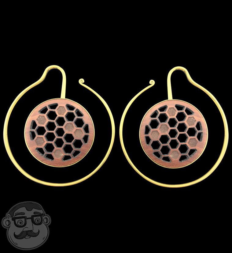 Brass Earrings With Engraved Wooden Honeycomb