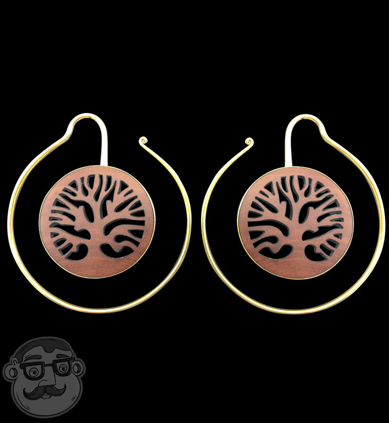 Brass Earrings With Wooden Tree of Life Inlay