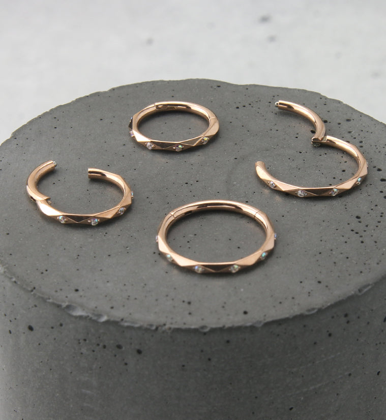 Facet CZ Rose Gold PVD Titanium Hinged Segment Ring