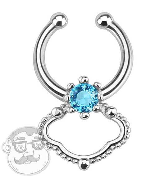 Stainless Steel Fake Septum Ring Hanger With Aqua CZ Diamond