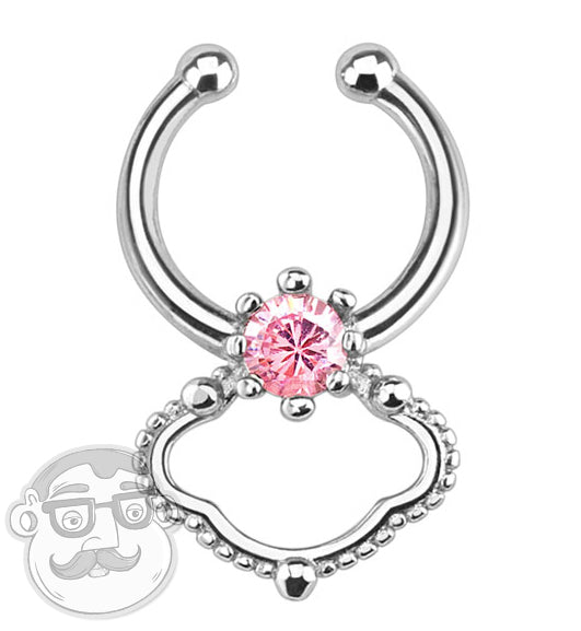 Stainless Steel Fake Septum Ring Hanger With Pink CZ Diamond