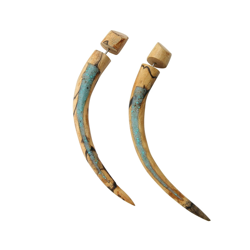 Tamarind Wood Fake Gauge Crushed Howlite Inlay Curved Taper Tribal Earrings